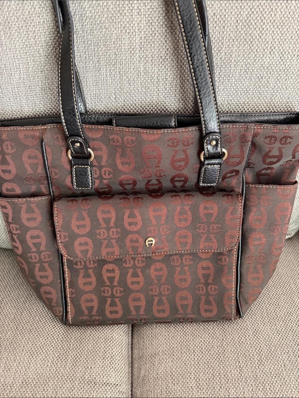 Brown Monogram Canvas Tote Bag with Black Trim